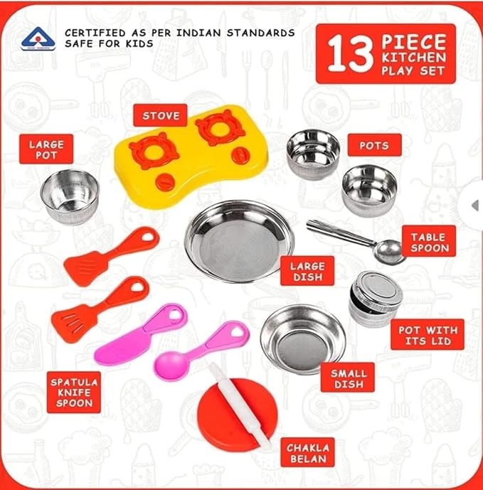 Little Fun Sweet Heart Kitchen Set – 13‑Piece Steel & Plastic Combo Cooking Playset for Kids, Multicolor (Set of 2)