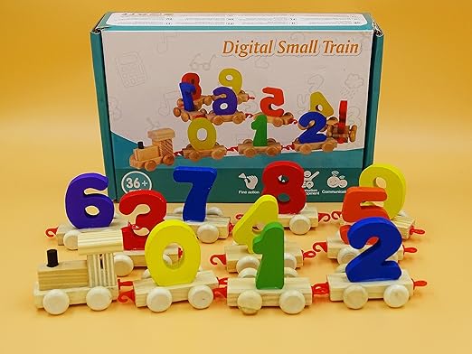 Wooden Learning Toy Numbers Educational Play Train with Sliding Wheels Pre School Learning Game for Kids 3 Years & Above (Pack of 11 Multicolor) (Beige)