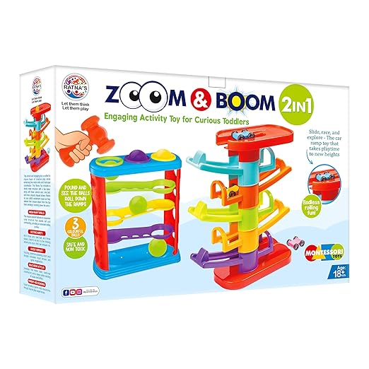 Ratna's Zoom & Boom 2-in-1 Montessori Activity Toy Set Containing Hammer Ball & Racing Tower Track with Stack Toy for Kids Ages 2 Years