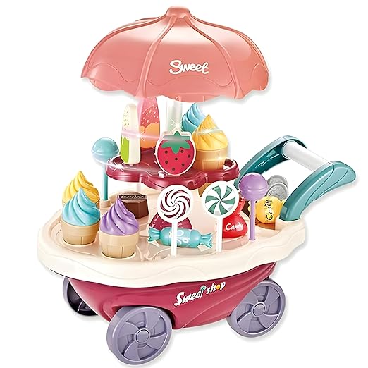 LUMO BRILLIANT TOYS Pretend Play Toys Home Candy Cart Toys for Kids Ice Cream Candy Toy Cart Play Set with Music and Lights for Kids 30 Pcs Multicolor