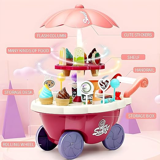 LUMO BRILLIANT TOYS Pretend Play Toys Home Candy Cart Toys for Kids Ice Cream Candy Toy Cart Play Set with Music and Lights for Kids 30 Pcs Multicolor