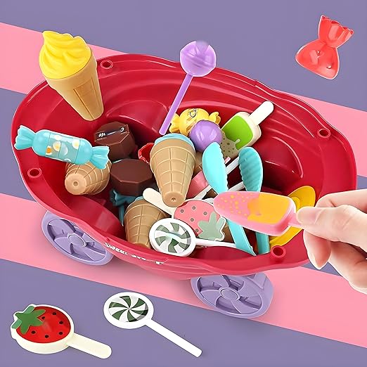LUMO BRILLIANT TOYS Pretend Play Toys Home Candy Cart Toys for Kids Ice Cream Candy Toy Cart Play Set with Music and Lights for Kids 30 Pcs Multicolor