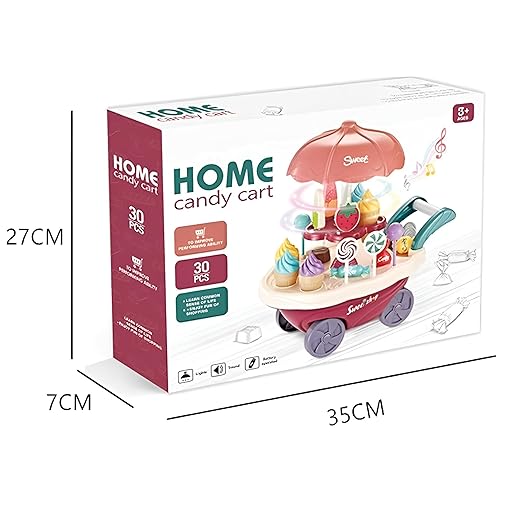 LUMO BRILLIANT TOYS Pretend Play Toys Home Candy Cart Toys for Kids Ice Cream Candy Toy Cart Play Set with Music and Lights for Kids 30 Pcs Multicolor
