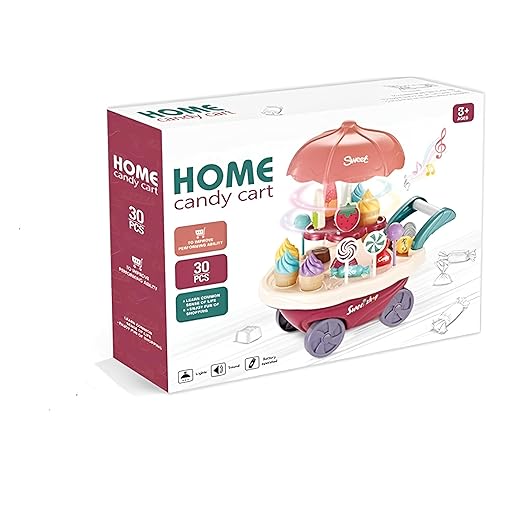 LUMO BRILLIANT TOYS Pretend Play Toys Home Candy Cart Toys for Kids Ice Cream Candy Toy Cart Play Set with Music and Lights for Kids 30 Pcs Multicolor