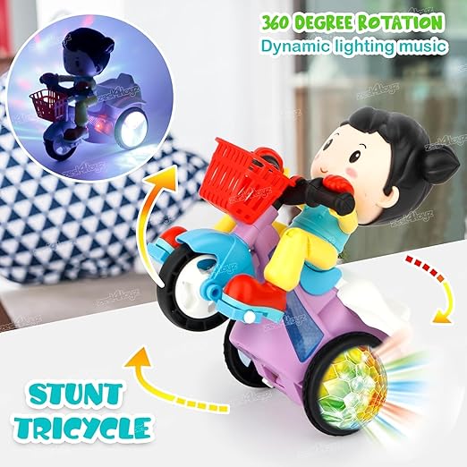 Musical Toy for Kids 360 Degree Rotating Stunt Tricycle Dancing Doll Bump and Go with 4D Lights Dancing Sound Toy Battery Operated Toys for 1 Year Old Kids Boys Girls Multicolor