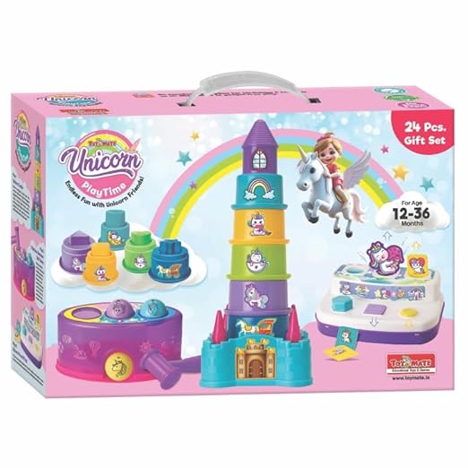 Toymate Unicorn Playtime 24-Pc Set – Stacking Castle & Press-N-Pop Hammer – Ages 12–36 Months