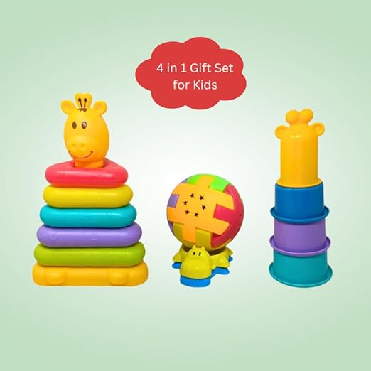 Interactive Toddler Toy Set - 4-in-1 Playtime Bundle with Bath Toys Rattling Ball Stacking Triangles Vibrant Colors Ages 1 and Up