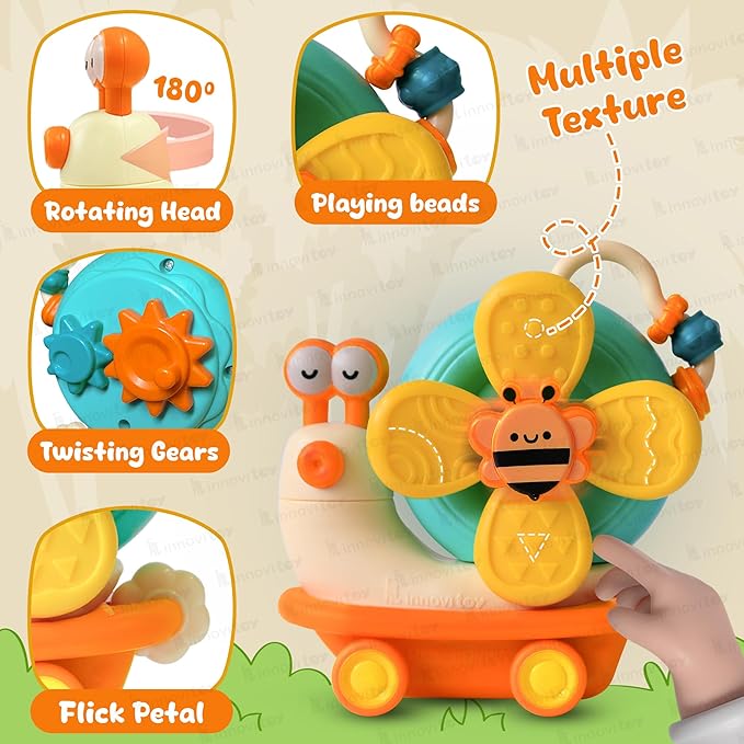 Innovitoy 5-in-1 Spinner Yellow Snail Spinner with 5 Play Modes Suction Cup & Friction car. Perfect Sensory Gift for 0-3 Years Babies