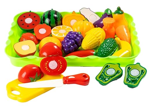 Ratna's Chop-N-Play Fruit & Veggie Kit with Tray 15 Pcs Sliceable Cutting Fruits and Vegetables Chopping Board & Knife Kids Play Set Kitchen Pretend Play Toys for Kids