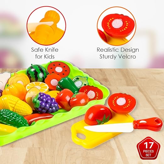 Ratna's Chop-N-Play Fruit & Veggie Kit with Tray 15 Pcs Sliceable Cutting Fruits and Vegetables Chopping Board & Knife Kids Play Set Kitchen Pretend Play Toys for Kids