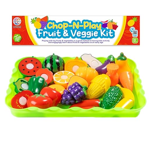 Ratna's Chop-N-Play Fruit & Veggie Kit with Tray 15 Pcs Sliceable Cutting Fruits and Vegetables Chopping Board & Knife Kids Play Set Kitchen Pretend Play Toys for Kids