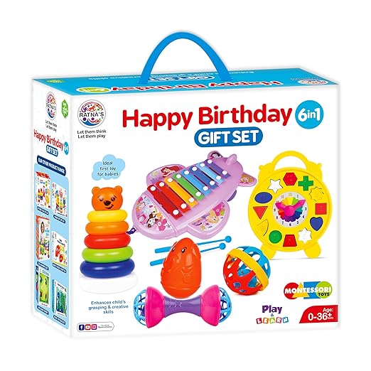 Ratna’s Happy Birthday 6-in-1 Gift Set – Xylophone, Stacking Ring, Puzzles & Rattles – 0–36 Months