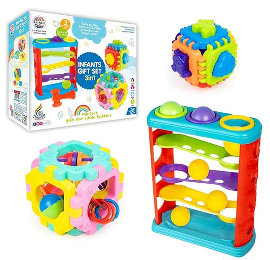 Infants Gift Set 3-in-1 – Hammer Ball, Cubic Rattle & Nursery Cube Montessori Toys