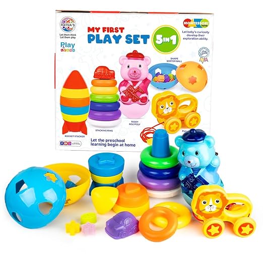 Ratna’s My First Play 5-in-1 Set – Rocket Stacker, Teddy Roly Poly, Shape Sorter, Ball Car, Lion