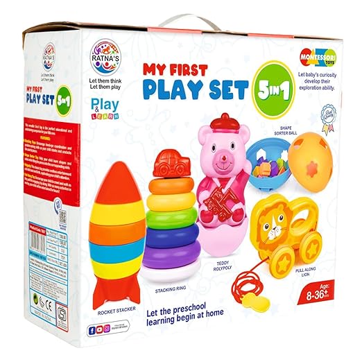 Ratna’s My First Play 5-in-1 Set – Rocket Stacker, Teddy Roly Poly, Shape Sorter, Ball Car, Lion