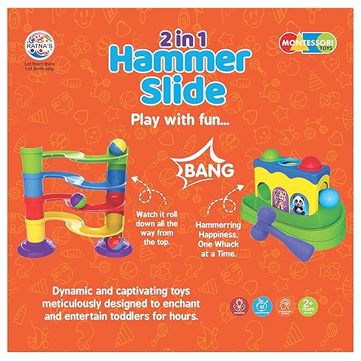 Ratna’s 2-in-1 Hammer Slide Set – Montessori Ball Track & Pounding Game – Toddlers Age 2+