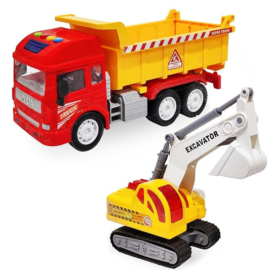 Dumper Truck Toy & Excavator Toy - 2 in 1 Dumper Truck and Excavator Toys for Kids Friction Power Toy Trucks for 3 Years Old Boys and Girls Light & Sound Toy for Kids (Multicolor)