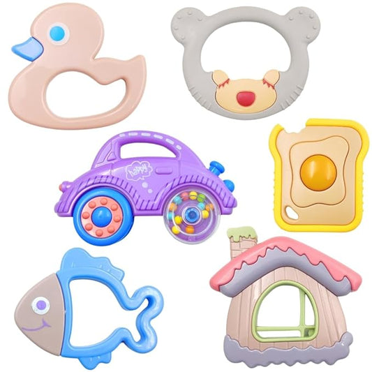 6-Pc Baby Rattle & Teether Set – Colourful Soft Sound Toys – BPA-Free Gift Pack