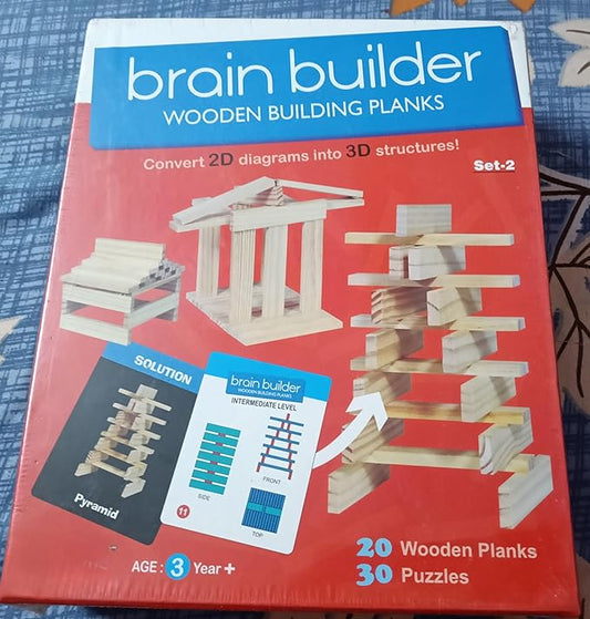 Brain Builder Wooden Building Planks Set STEM Construction Toy 20 Planks with 30 Puzzles Ages 3