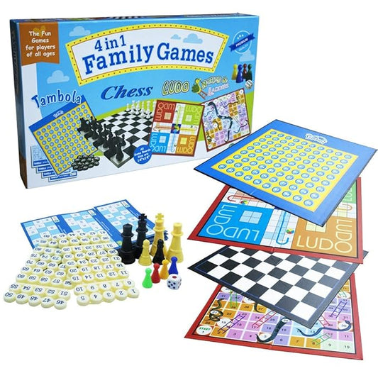 EKTA 4 in 1 Family Strategy Board Games Tambola Chess Ludo and Snakes & Ladders Educational Family Games Fun & Strategy Games Multicolor for 2 Years or Above