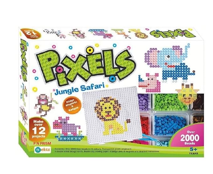 Ekta Plastic Beads Pixels Jungle Safari Fridge Magnets Badges Making Kit for Children Creativity Multicolour Above The Age of 5 Years