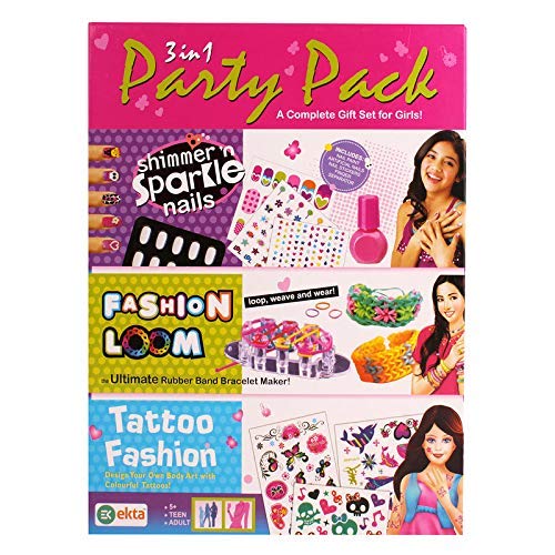 Ekta 3 in 1 Party Pack Game (Nail Art Fashion loom Tattoo Game) Indoor Games Multicolour