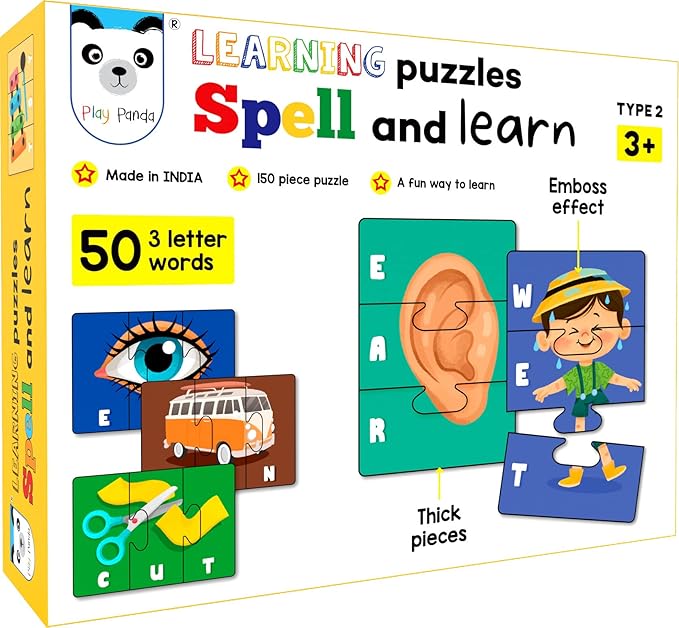 Play Panda Spell & Learn Type 2 150 Piece Spelling Puzzle - Learn to Spell 50 Three Letter Words - Beautiful Colourful Pictures (Age 3)