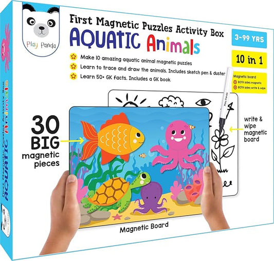 Play Panda Magnetic Puzzles Aquatic Animals 10 in 1 with 10 Magnetic PuzzlesWrite&Wipe Magnetic Board50 GK FactsSketch Pen&Duster-Make Beautiful Magnetic Animals-Educational Toy for 3
