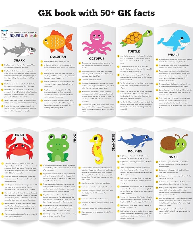 Play Panda Magnetic Puzzles Aquatic Animals 10 in 1 with 10 Magnetic PuzzlesWrite&Wipe Magnetic Board50 GK FactsSketch Pen&Duster-Make Beautiful Magnetic Animals-Educational Toy for 3