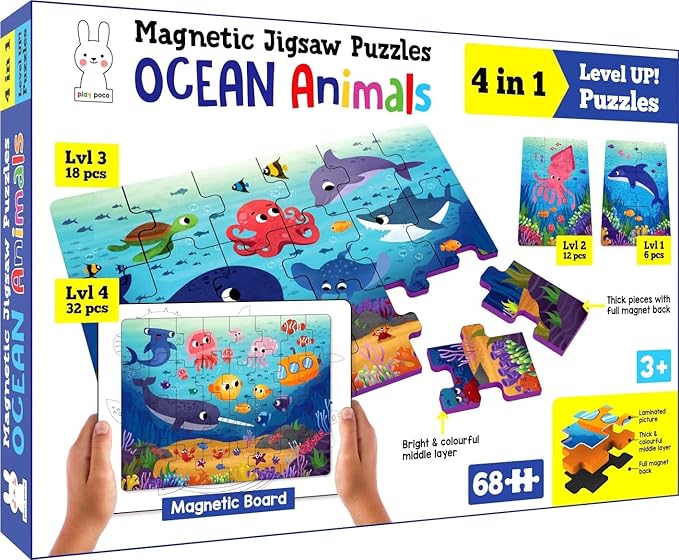 Play Panda Magnetic Jigsaw Puzzles Aquatic Animals Activity Box with 4 Magnetic Puzzles Magnetic Board Learn to Draw 100 Gk Facts Book Kid