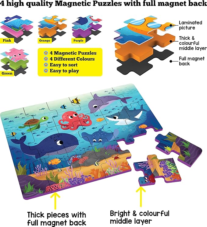 Play Panda Magnetic Jigsaw Puzzles Aquatic Animals Activity Box with 4 Magnetic Puzzles Magnetic Board Learn to Draw 100 Gk Facts Book Kid