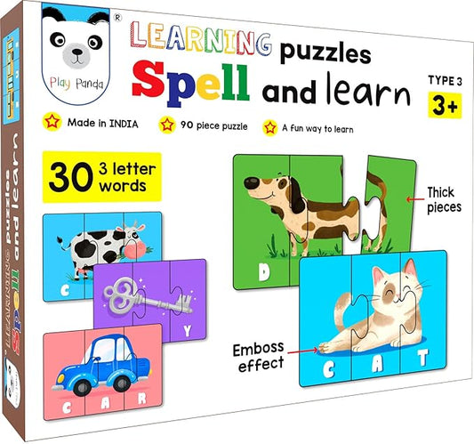 Play Panda Kid Spell & Learn Type 3 90 Piece Spelling Puzzle - Learn to Spell 30 Three Letter Words - Beautiful Colourful Pictures (Age 3)