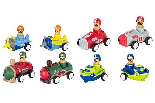 INNOVITOY'S Pack of 8 Toy Cars Push and Go Play Set Friction Powered Car Pull Back Vehicles Transport Tools Gifts for Babies Toddlers Kids Boys Girls (Including Car Airplane Boat Train)
