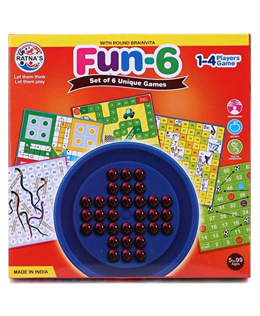 Fun Brainvita 6-in-1 Game Set – Ludo, Snakes & Ladders, Multicolor
