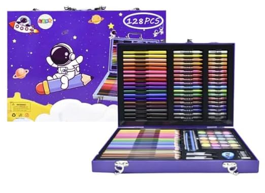 128 Pieces Drawing Kit for Kids Coloring set with Watercolor Oil Pastel Colored Pencil Sketches & Acrylic Painting Art Set for Kids Boy and Girls (128 Pcs - astronautBlue)