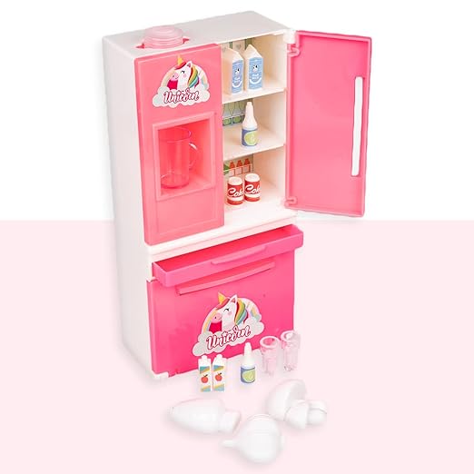 Ratna’s Unicorn Plastic Mini Fridge – Double Door Role Play Toy with Working Water Dispenser (No Battery)