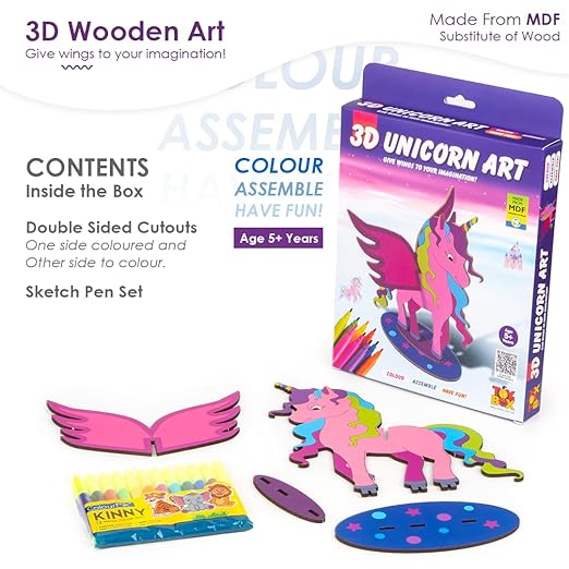3D Unicorn DIY Art Kit – Paint & Assemble Wooden Craft Set for Kids 4–9 Years