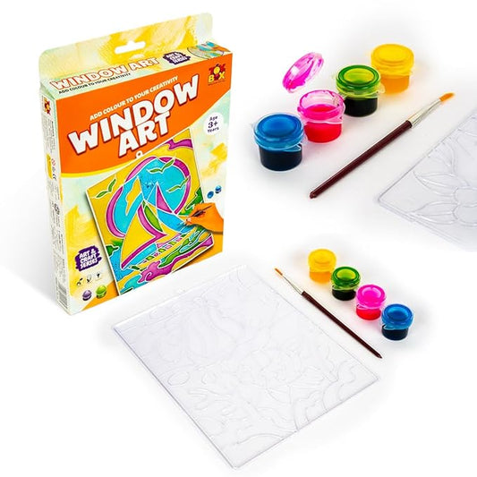 Window Art Glass Painting Kit – Paint Brush & 4 Colours Set – Kids Ages 3+