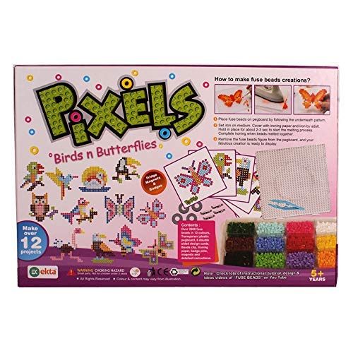EKTA - Pixels Make Beautiful Birds & Butterflies Over a pegboard Using Over 2000 Beads Spread Across 12 Different Colors Material - Plastic (Birds n Butterflies)