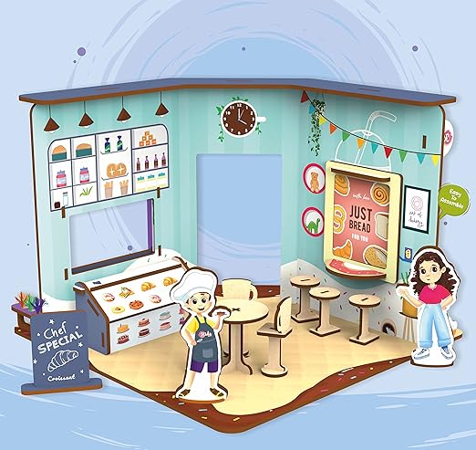 Webby DIY Wooden Kids Cafe Playhouse Doll House Set with Service Counter Dining Space Takeout Window and Display Board for Boys and Girls