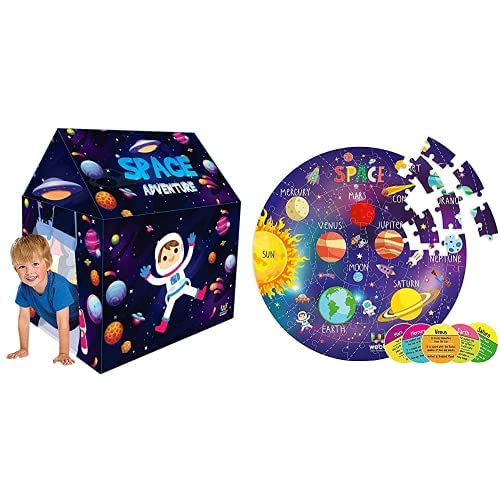 Webby Kids Space Play Tent House & Webby Amazing Solar System Jigsaw Floor Puzzle 60 Pcs with 4 Double Sided Flashcards