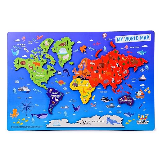 Webby Wooden World Map Puzzle Board – Educational Learning Toy for Kids