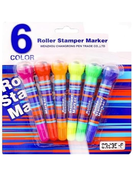 2-in-1 Roller Stamp Marker Pens – Pack of 6 Multicolor Fun Stationery for Kids