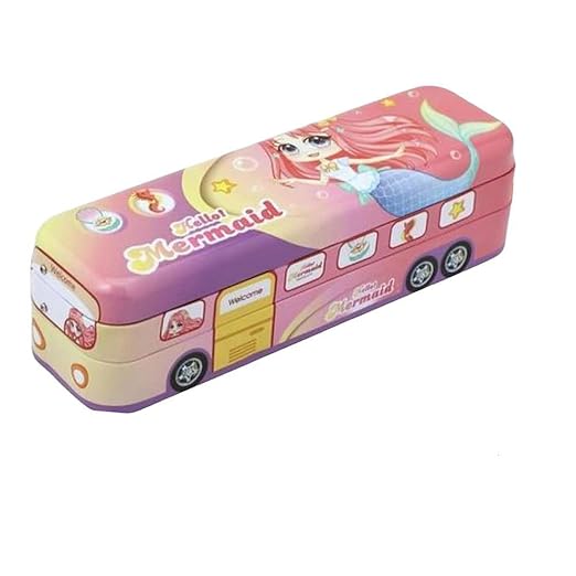 Metal Bus Pencil Box – Printed Theme, Moving Wheels, Multi-Compartment Case – Pack of 1