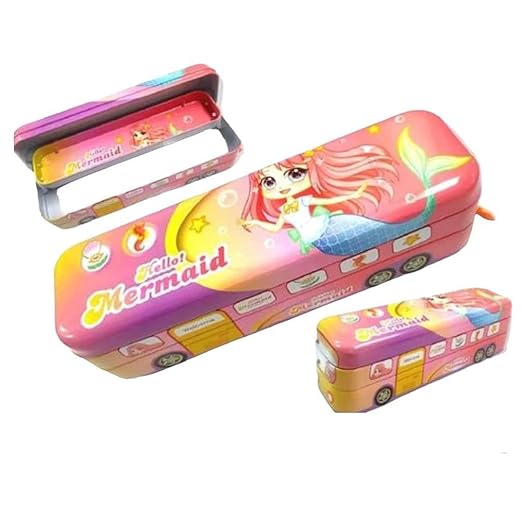Metal Bus Pencil Box – Printed Theme, Moving Wheels, Multi-Compartment Case – Pack of 1