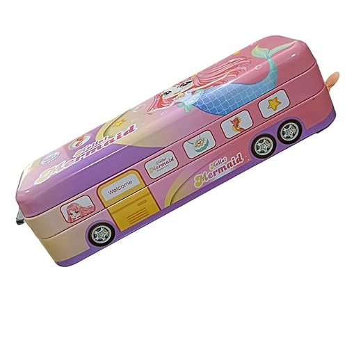 Metal Bus Pencil Box – Printed Theme, Moving Wheels, Multi-Compartment Case – Pack of 1