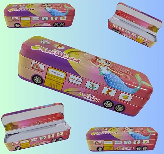Metal Bus Pencil Box – Printed Theme, Moving Wheels, Multi-Compartment Case – Pack of 1