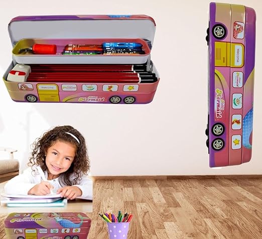 Metal Bus Pencil Box – Printed Theme, Moving Wheels, Multi-Compartment Case – Pack of 1