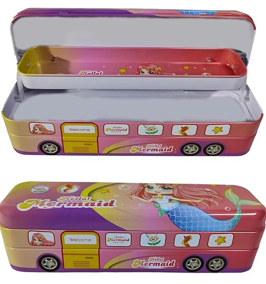 Metal Bus Pencil Box – Printed Theme, Moving Wheels, Multi-Compartment Case – Pack of 1
