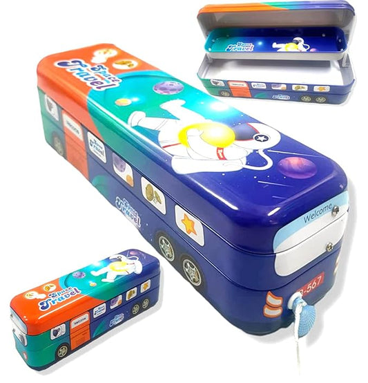 School Bus Pencil Box – Cartoon Space Travel Theme, Pull-Back Wheels, Metal Geometry Box